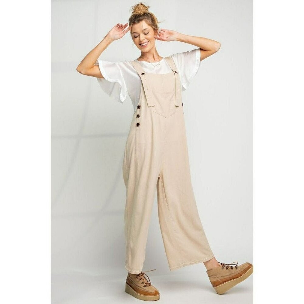 The Kate Linen Oversized Overalls in Khaki
